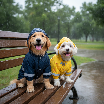 Impérméable pour chien - poncho de pluie à capuche  petits et moyens chiens-Deux petits chiens bleu et jaune