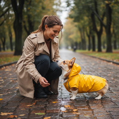 Impérméable pour chien - poncho de pluie à capuche  petits et moyens chiens-Femme et Corgi jaune