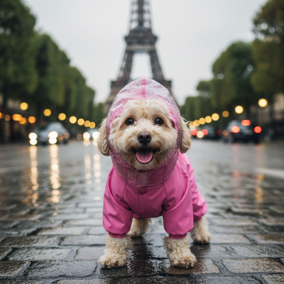 Imperméable chien – combinaison imperméable veste de pluie portrait Paris rose