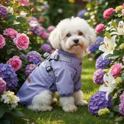 Imperméable pour chien - avec harnais intégré-Variante manteau violet décor jardin