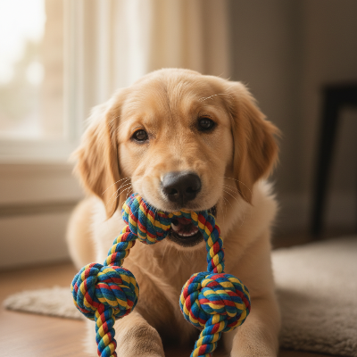 Jouet pour chien -  corde dentition résistant durable-jouet-corde-chien-heureux-avec-sa-corde-dans-sa-gueule