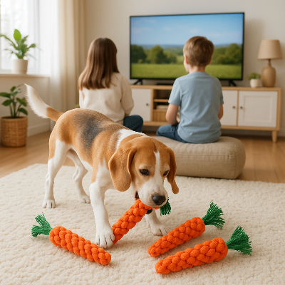 Jouets pour chiens carottes chien joue avec ses trois carottes au salon pendant que les enfants écoute la télévision