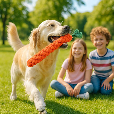 Jouets pour chiens carottes  chien joue avec une carotte pres des enfants