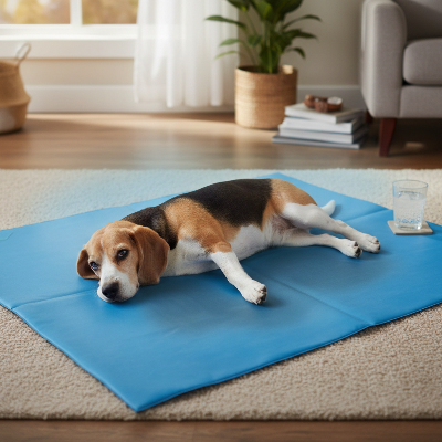 Kit Aventure et Fraîcheur - Tapis camping 6mm + lit rafraîchissant-beagle-confortable-sur-tapis-rafra-chissant