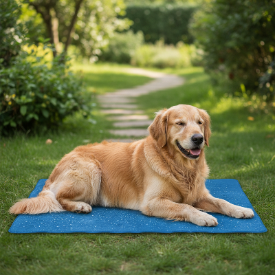 Kit Aventure et Fraîcheur - Tapis camping 6mm + lit rafraîchissant-chien-sur-tapis-rafra-chissant-d-monstration