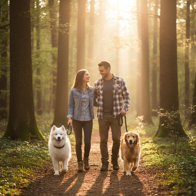 Laisse chien tressée noir - élégante résistante-Couple se promenant avec deux grands chiens en laisse tressée noire en forêt