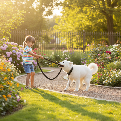 Laisse chien tressée noir - élégante résistante-Enfant promenant un chien blanc avec laisse tressée noire
