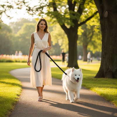 Laisse chien tressée noir - élégante résistante-Femme promenant un grand chien blanc avec laisse tressée noire