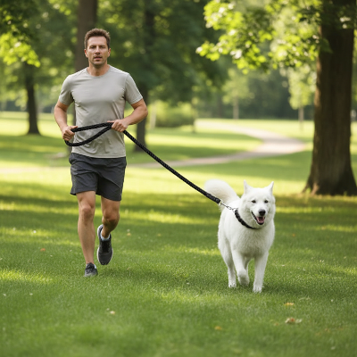 Laisse chien tressée noir - élégante résistante-Homme faisant du jogging avec son grand chien en laisse tressée noire