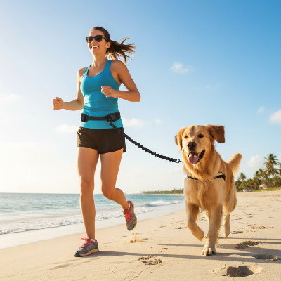 Laisse pour chien - course-Femme et golden retriever sur la plage, mains libres