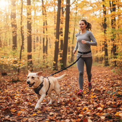 Laisse pour chien - course-Femme et Labrador en forêt d'automne