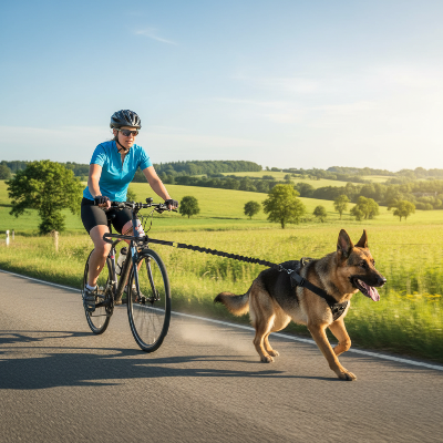 Laisse pour chien - course-Femme à vélo avec berger allemand, campagne ensoleillée