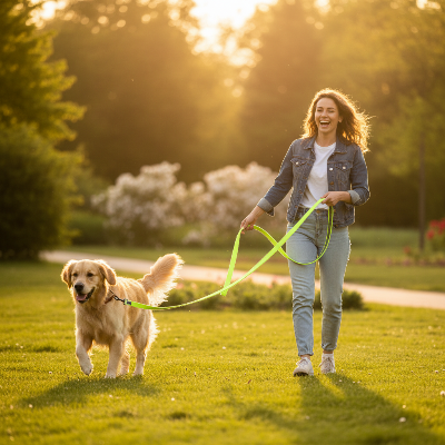 Laisse pour chien - moyen résistante confortable-Femme promenant son chien avec une -longue laisse jaune fluo