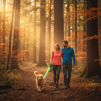 Laisse pour chien  - rétractable roulettes-Couple - sentier en forêt laisse verte