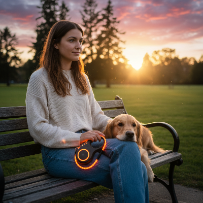 Laisse pour chien  - rétractable roulettes-Femme - banc au coucher du soleil