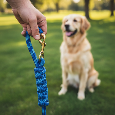 Laisse pour chien  - tressée bleu-Gros plan - laisse tressée bleue