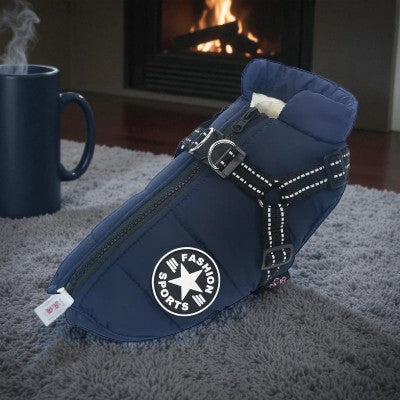 Manteaux-chien-vetements-d-hiver-avec-harnais-bleu-marin