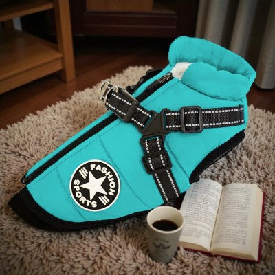 Manteaux-chien-vetements-d-hiver-avec-harnais-bleu