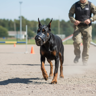 Muselier - panier cuir berger allemand doberman  anti morsure entraînement-Doberman en action pendant l'entraînement