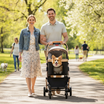 Poussettes pour chiens - 2-en-1 pliable  Roues 360°  Panier de rangement-Couple au parc avec poussette dorée et Corgi