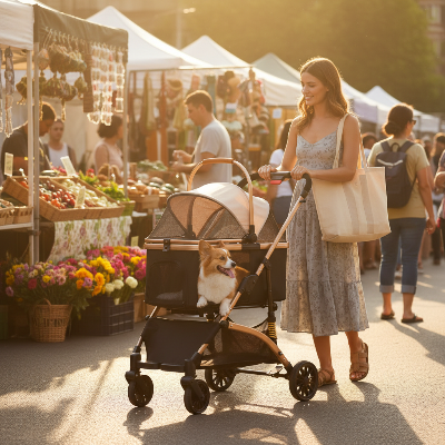 Poussettes pour chiens - 2-en-1 pliable  Roues 360°  Panier de rangement-Femme au marché avec poussette -dorée et Corgi