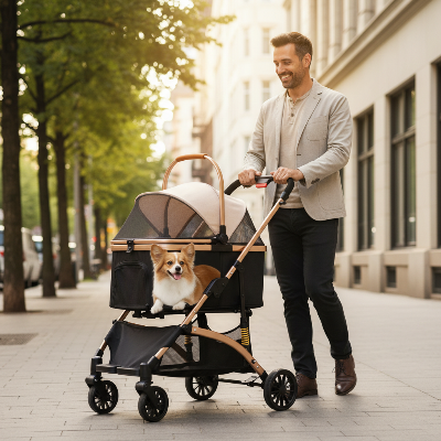Poussettes pour chiens - 2-en-1 pliable  Roues 360°  Panier de rangement-Homme en ville avec poussette dorée et Corgi
