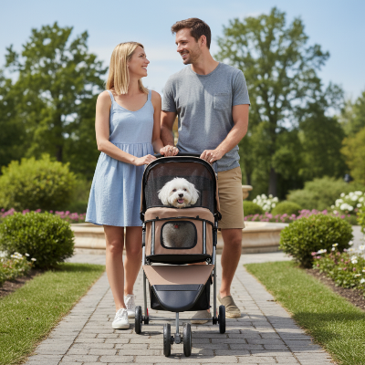 Poussettes pour chiens - chariot pliable avec porte-gobelet et panier-Couple au parc avec poussette beige -et chien