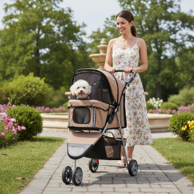 Poussettes pour chiens - chariot pliable avec porte-gobelet et panier-Femme au parc avec poussette beige et chien