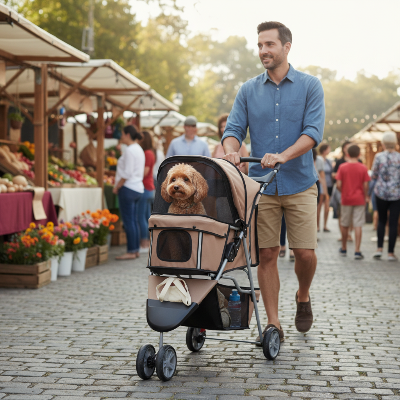 Poussettes pour chiens - chariot pliable avec porte-gobelet et panier-Homme au marché avec poussette beige et chien