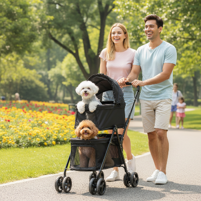 Poussettes pour chiens - double pliable avec support amovible-Couple au parc - poussette-noire