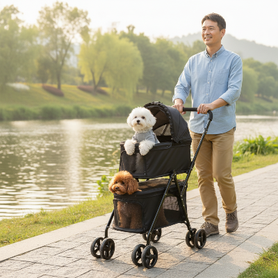Poussettes pour chiens - double pliable avec support amovible-Homme au bord de l'eau - poussette bleue/noire