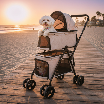 Poussettes pour chiens - double pliable avec support amovible-Poussette double pour chiens sur promenade de plage au coucher du soleil
