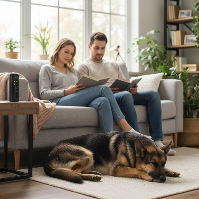 Répulsif pour chien - anti aboiement-Couple paisible, berger allemand calme aux pieds
