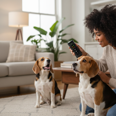 Répulsif pour chien - anti aboiement-Femme calme son beagle dans le salon