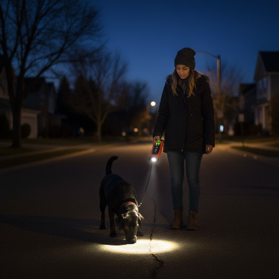 Répulsif pour chien - anti aboiement-Femme utilise la lampe torche la nuit avec son Labrador