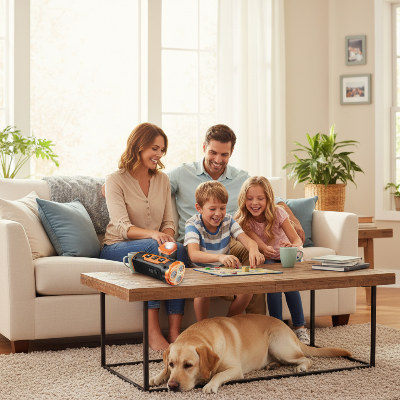 Répulsif pour chien - dispositif-Famille paisible, Labrador calme, dispositif orange sur table