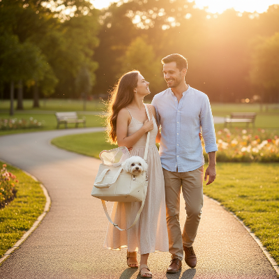 Sac de transport chien - sacoche portable beige-Couple parc sac beige