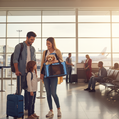Sac de transport pour chien - approuvé avion sac à dos souple-Famille à l'aéroport avec chien sac bleu
