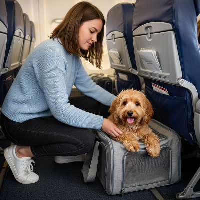 Sac de transport pour chien - approuvé avion sac à dos souple-Femme rangeant le sac en avion avec -chien