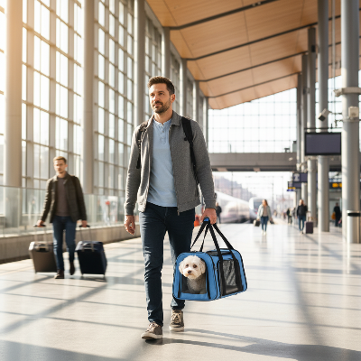 Sac de transport pour chien - approuvé avion sac à dos souple-Homme en gare avec chien sac bleu