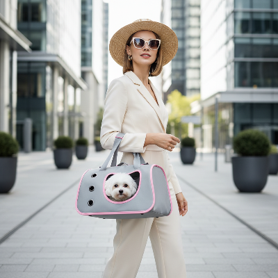 Sac de transport pour chien - portable pliable bandoulière-Femme avec sac transport chien rose en ville