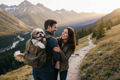 Sac à dos chien - qualité multiusage voyage-femme-au-cafe-avec-chien-Couple en randonnée avec chien