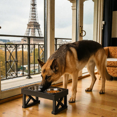 Support gamelle pour chien ajustable -hauteur-gros berger allemand mange-pres-de-la-tour-eiffel