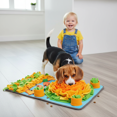 Tapis de fouille pour chien - stimulation intelligence anti-stress-Chiot Beagle fouille, enfant regarde dans la cuisine