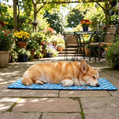 Tapis de  refroidissement pour chien  - coussin auto refroidissant lavable-Corgi sur tapis rafraîchissant extérieur