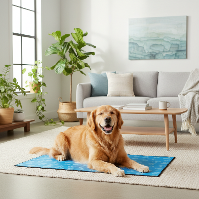 Tapis de  refroidissement pour chien  - coussin auto refroidissant lavable-Golden retriever sur tapis rafraîchissant intérieur