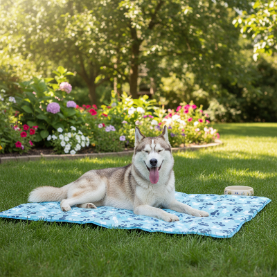 Tapis de  refroidissement pour chien  - coussin auto refroidissant lavable-Husky sur tapis rafraîchissant jardin