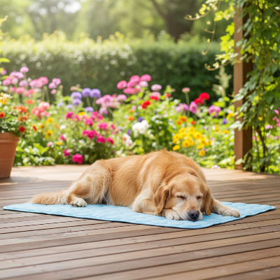 Tapis rafraîchissant  chien -  couverture en soie glacée-Golden retriever sur terrasse