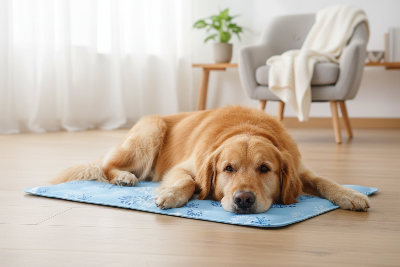 Tapis rafraîchissant chien - lit froid d'été coussin de glace-Chien sur tapis rafraîchissant-flocon-bleu-pale