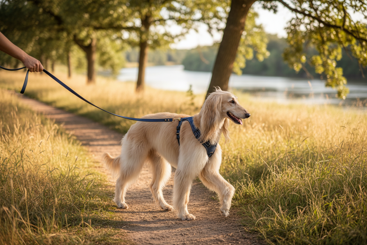 Chien avec laisse bleue